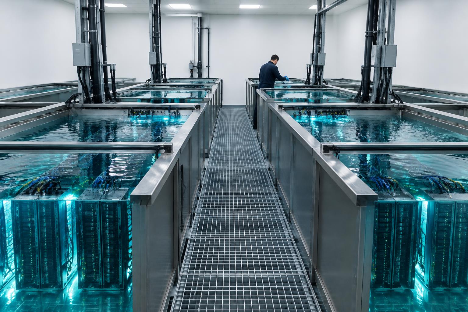 Tanques de immersion cooling com servidores submersos em fluido dielétrico