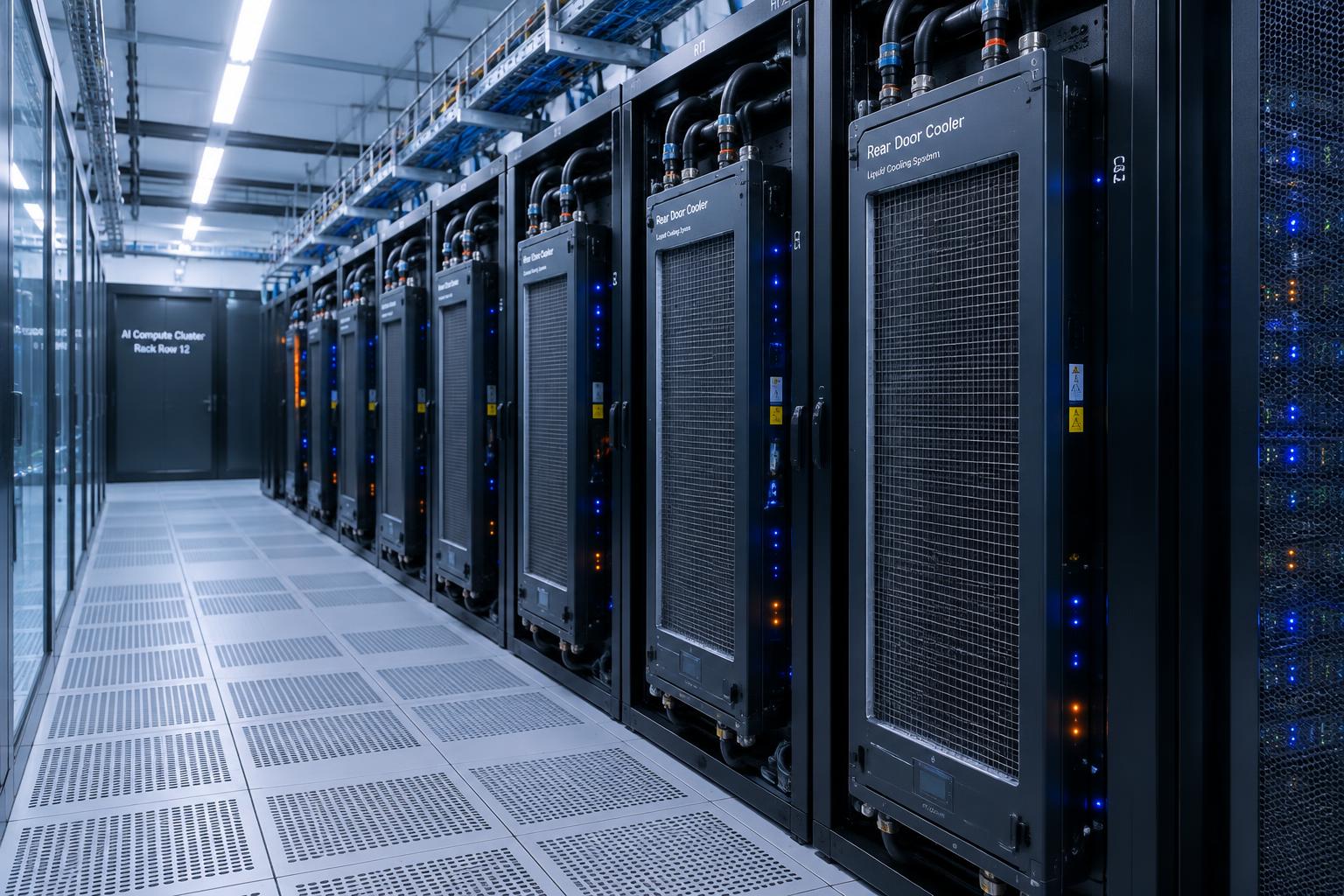 Projeção ilustrativa de racks de IA com refrigeração líquida no Data Center Suape